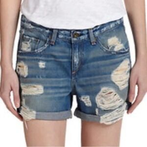 Rag & Bone Women's Blue Heavy Rips Rolled Hem Distressed Denim Shorts Size 24